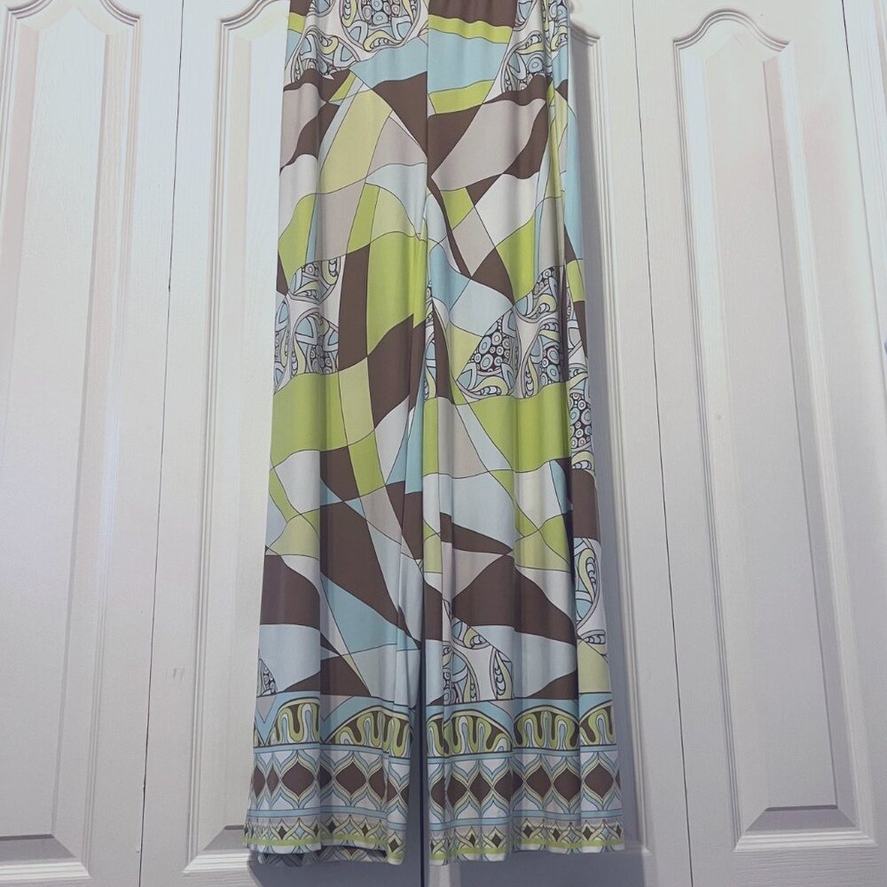 Chico's Women's Pull On Palazzo Pants-Cyclone Print Blue/Brown Mix-Sz. 1 (Med-8)